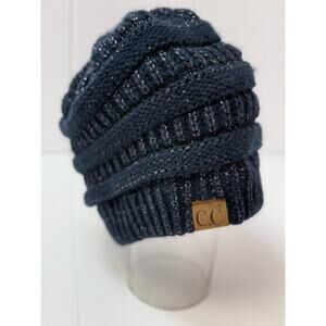 Navy Slouchy Knit Beanie Metallic Thread Cozy Winter Warm CC Hat